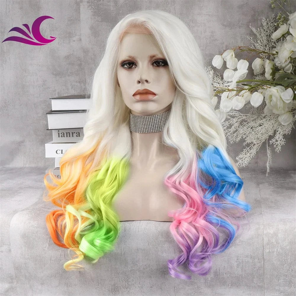 24 Inches / N5-Multicolor Celebrity Rainbow Multicolor Synthetic Lace Front Wig Long Wavy Heat Resistant Fiber Party Cosplay Wig