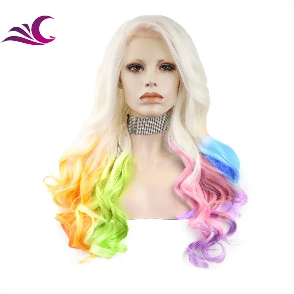 24 Inches / N5-Multicolor Celebrity Rainbow Multicolor Synthetic Lace Front Wig Long Wavy Heat Resistant Fiber Party Cosplay Wig