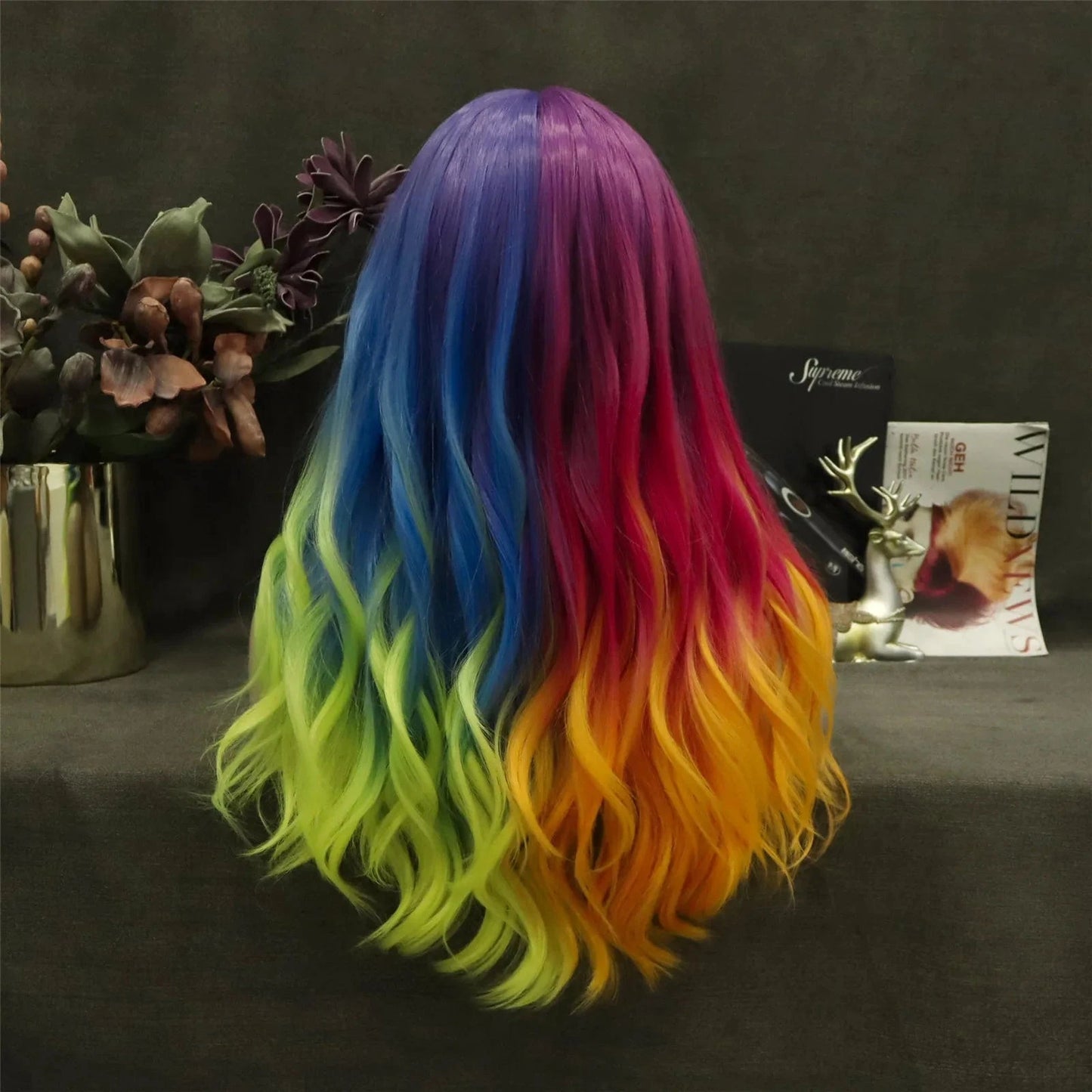 24 Inches / NH11-Dazzling-GL Celebrity Wig  New Designed ombre dyed orange blue half color Daily life Wearing futura Henlon fiber Synthetic Lace front Wigs