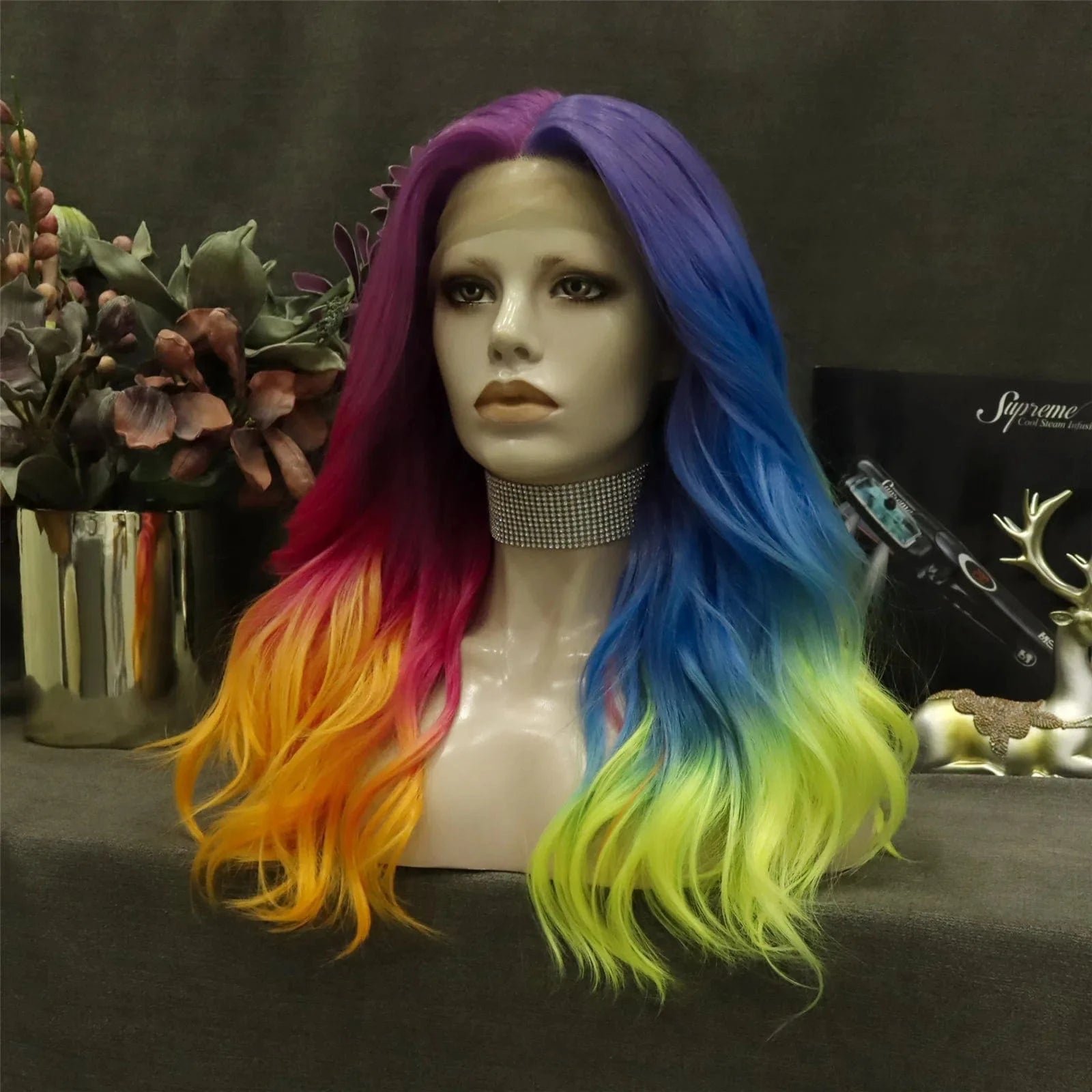 24 Inches / NH11-Dazzling-GL Celebrity Wig  New Designed ombre dyed orange blue half color Daily life Wearing futura Henlon fiber Synthetic Lace front Wigs