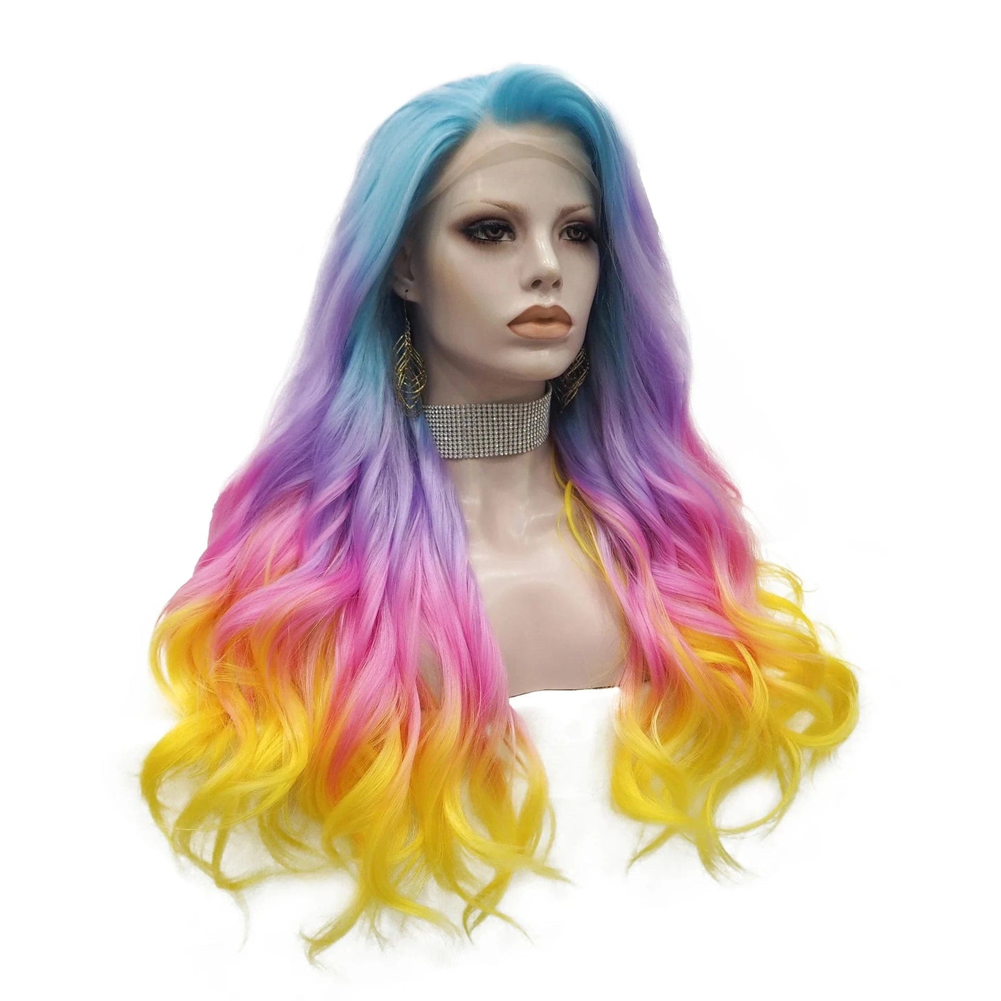 24 Inches / NQ6-C209-GL Wholesale Heat Resistant 24inch  Long waves multicolor Fiber Cosplay Luxury Synthetic Lace Front Wig For Women Grag Wigs