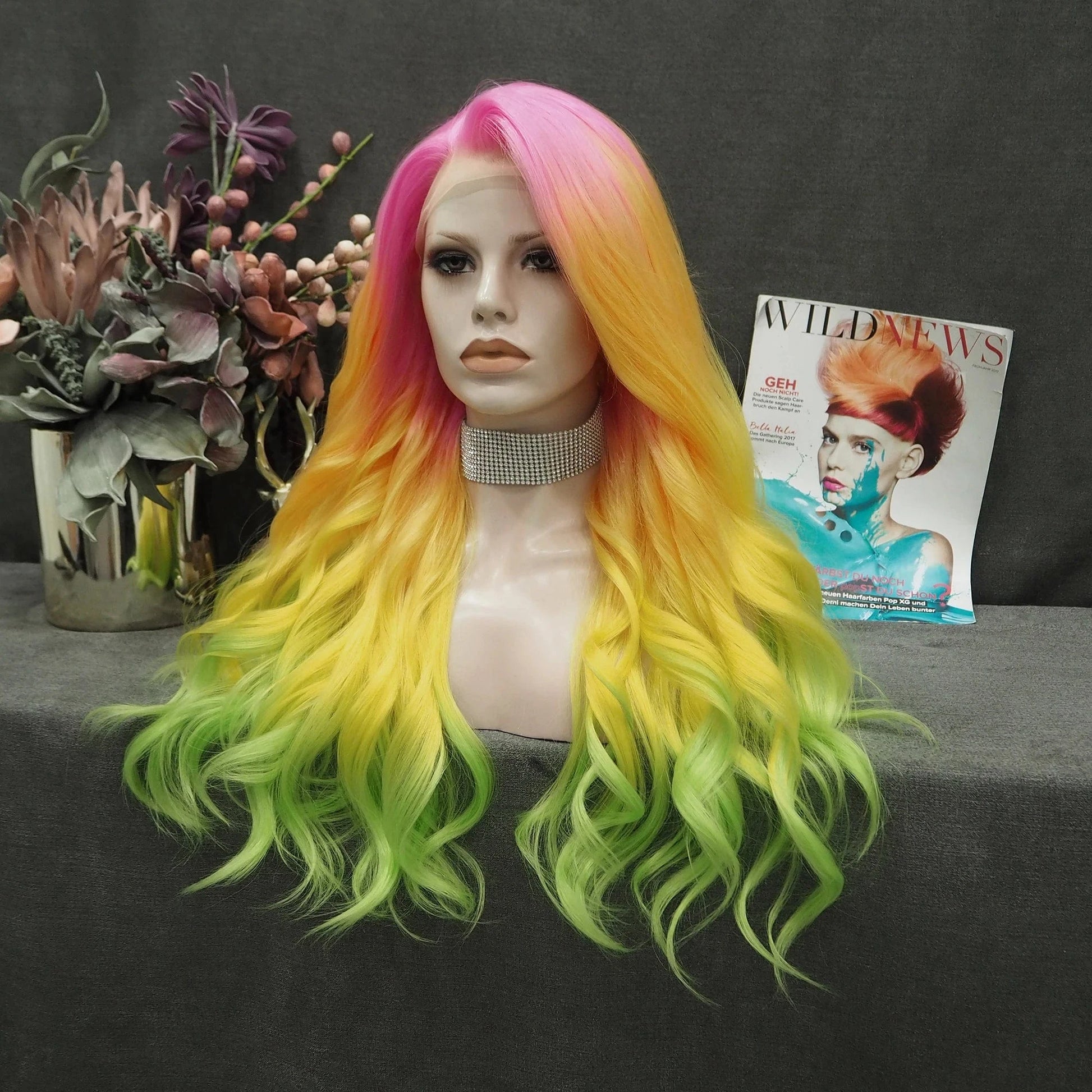 24 Inches / NQ6-C211-raise Celebrity Wig Ombre color Premium Hiperlon Fiber Wigs Pink Orange Ombre Synthetic Lace Front Wigs For cosplay