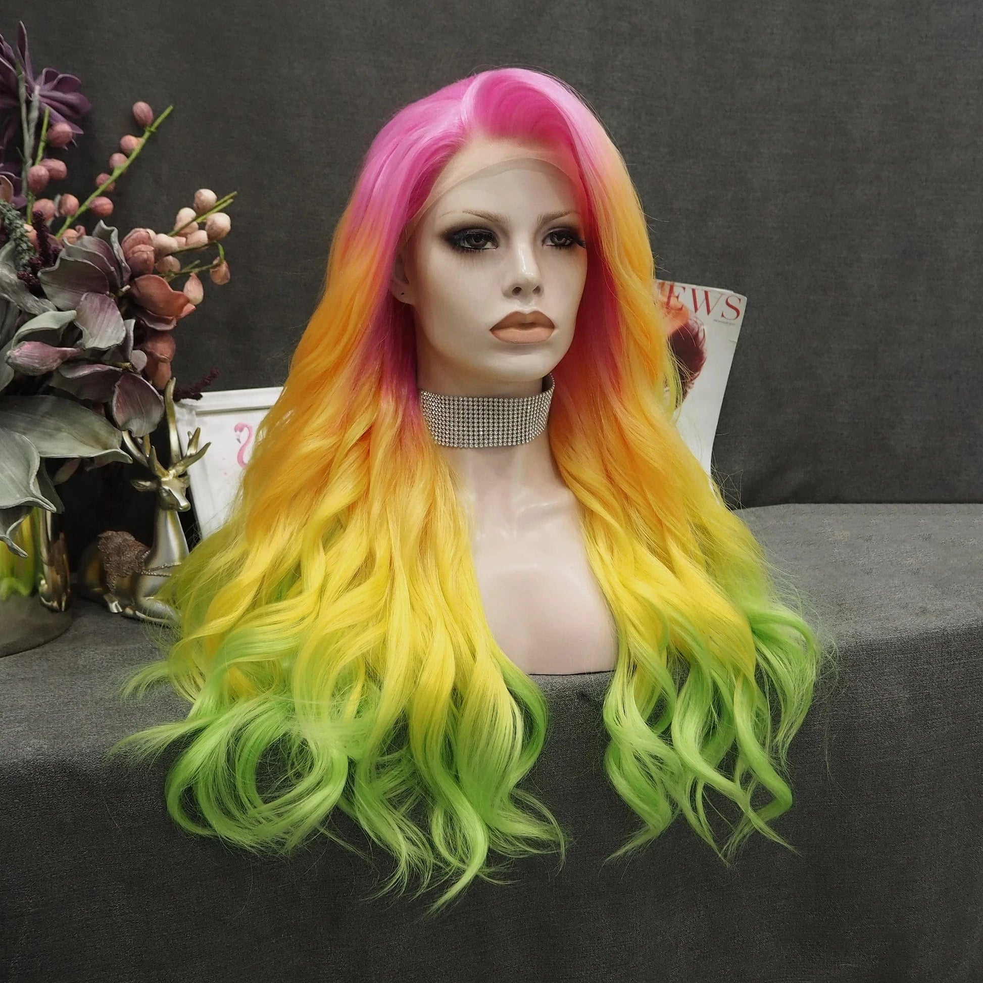 24 Inches / NQ6-C211-raise Celebrity Wig Ombre color Premium Hiperlon Fiber Wigs Pink Orange Ombre Synthetic Lace Front Wigs For cosplay