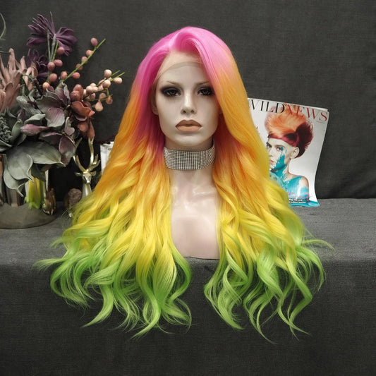 24 Inches / NQ6-C211-raise Celebrity Wig Ombre color Premium Hiperlon Fiber Wigs Pink Orange Ombre Synthetic Lace Front Wigs For cosplay
