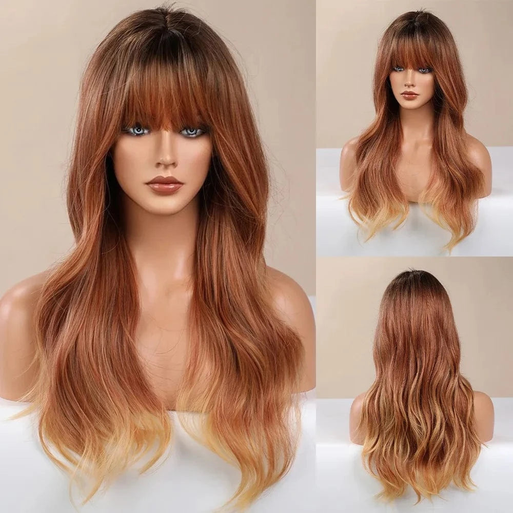 24 Inches / Ombre Brown SARLA Whole Sale High Temperature Fiber Wigs Customized Color Cheap Ladies Synthetic Long Body Wave Wigs With Bangs For Women