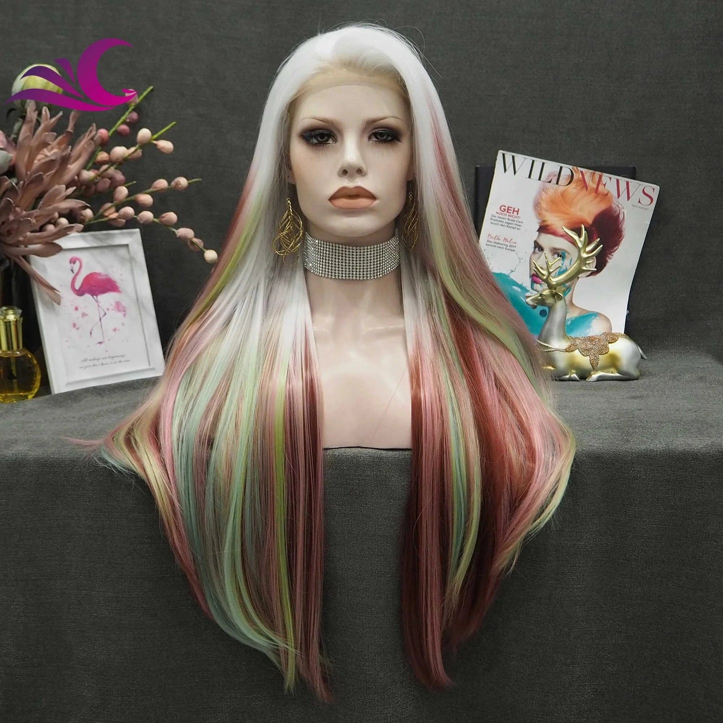 24 Inches / S-2117-07 Celebrity Premium Rainbow Color Highlight Holographic Lace Front Wigs Silky Straight Futura Heat Resistant Synthetic Hair Wigs