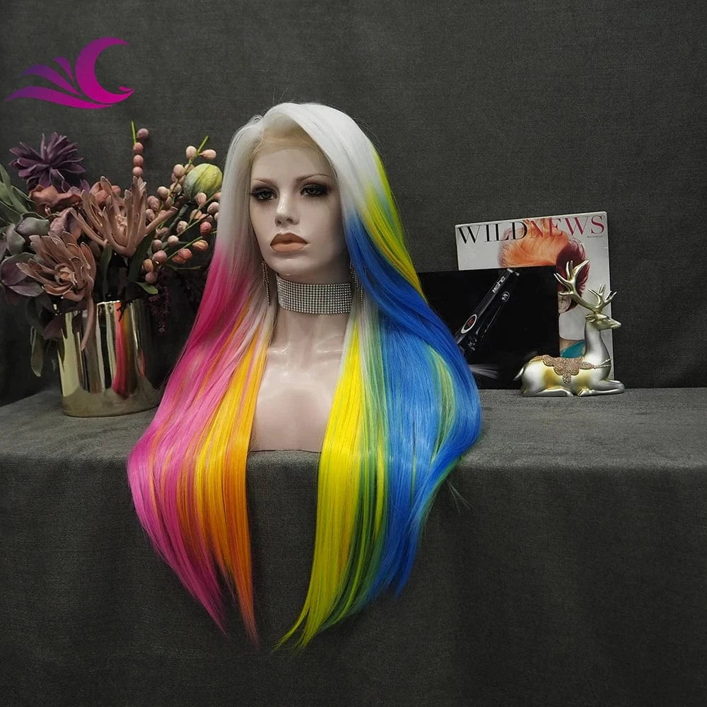 24 Inches / S32-2137 Celebrity Premium Rainbow Color Highlight Holographic Lace Front Wigs Silky Straight Futura Heat Resistant Synthetic Hair Wigs
