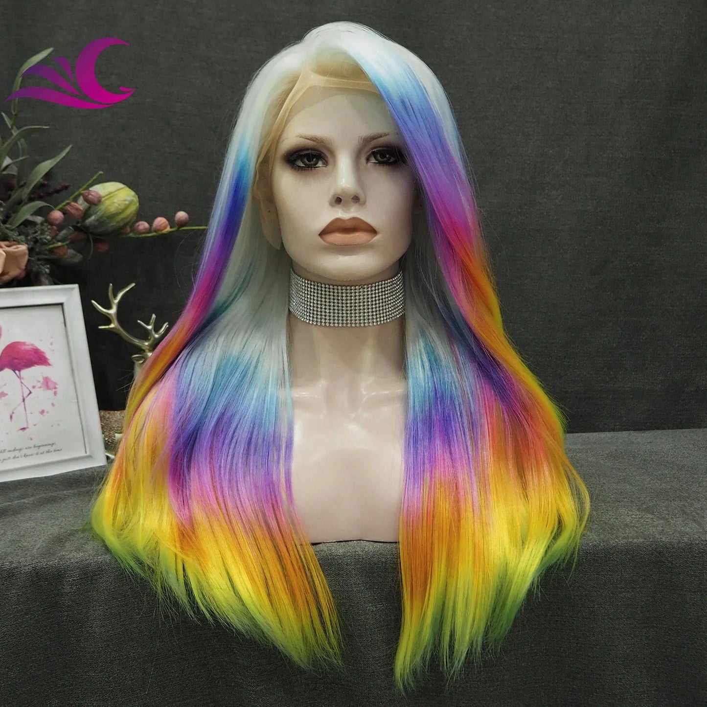 24 Inches / S75-7007 Celebrity Premium Rainbow Color Highlight Holographic Lace Front Wigs Silky Straight Futura Heat Resistant Synthetic Hair Wigs