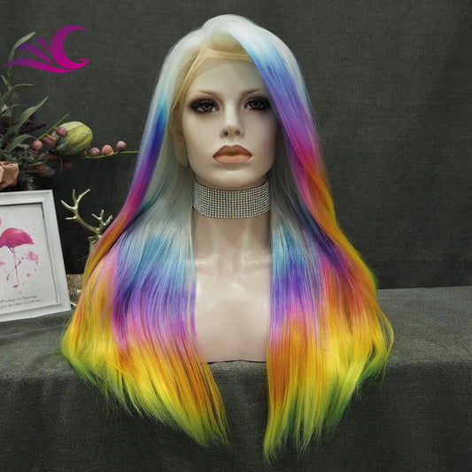 24 Inches / S75-7007 Celebrity Premium Rainbow Color Highlight Holographic Lace Front Wigs Silky Straight Futura Heat Resistant Synthetic Hair Wigs