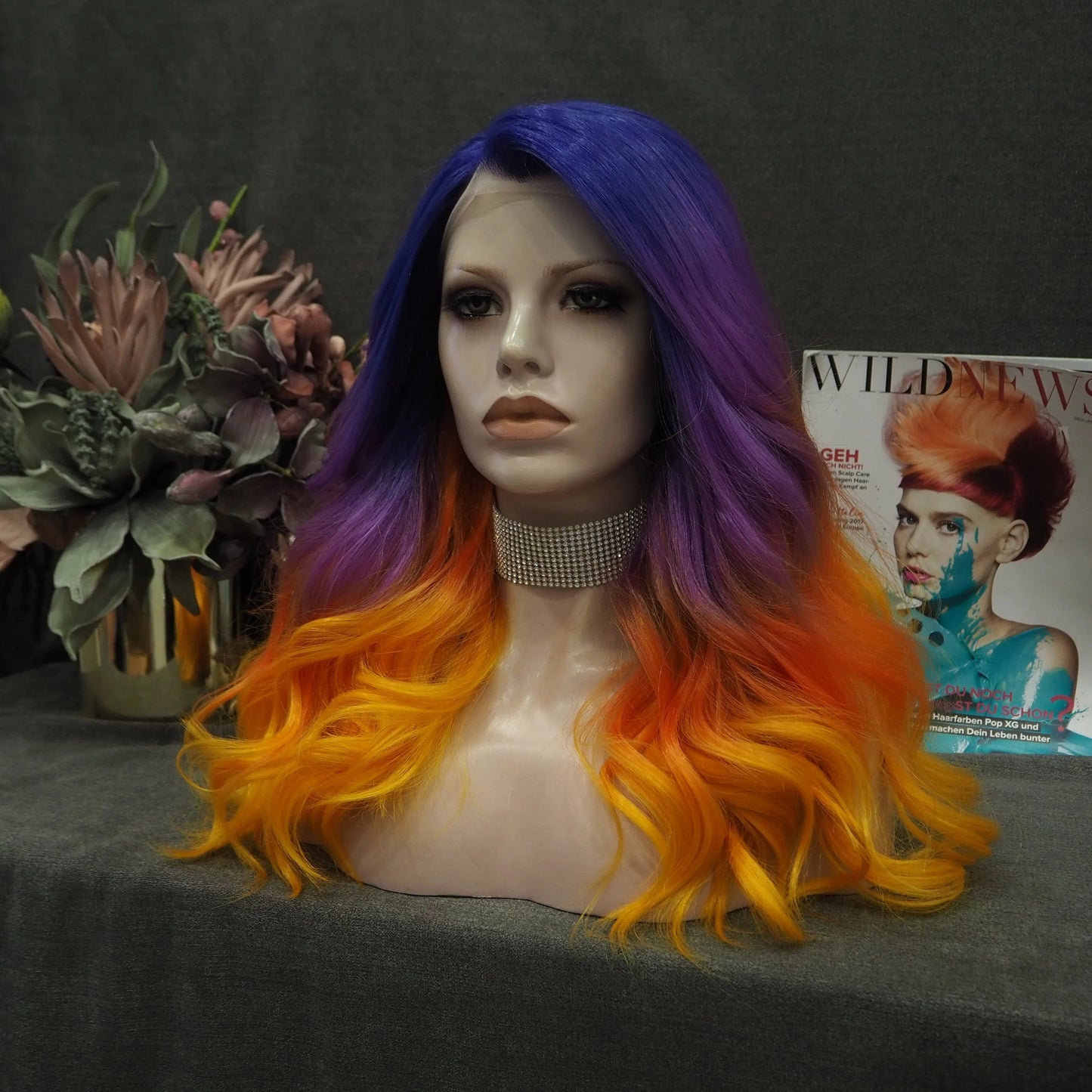 24 Inches / SQ02-2158-GL Celebrity Wig Cosplay Long Wave ombre  purple orange natural color Daily life Wearing matte  fiber Synthetic Lace front Wigs