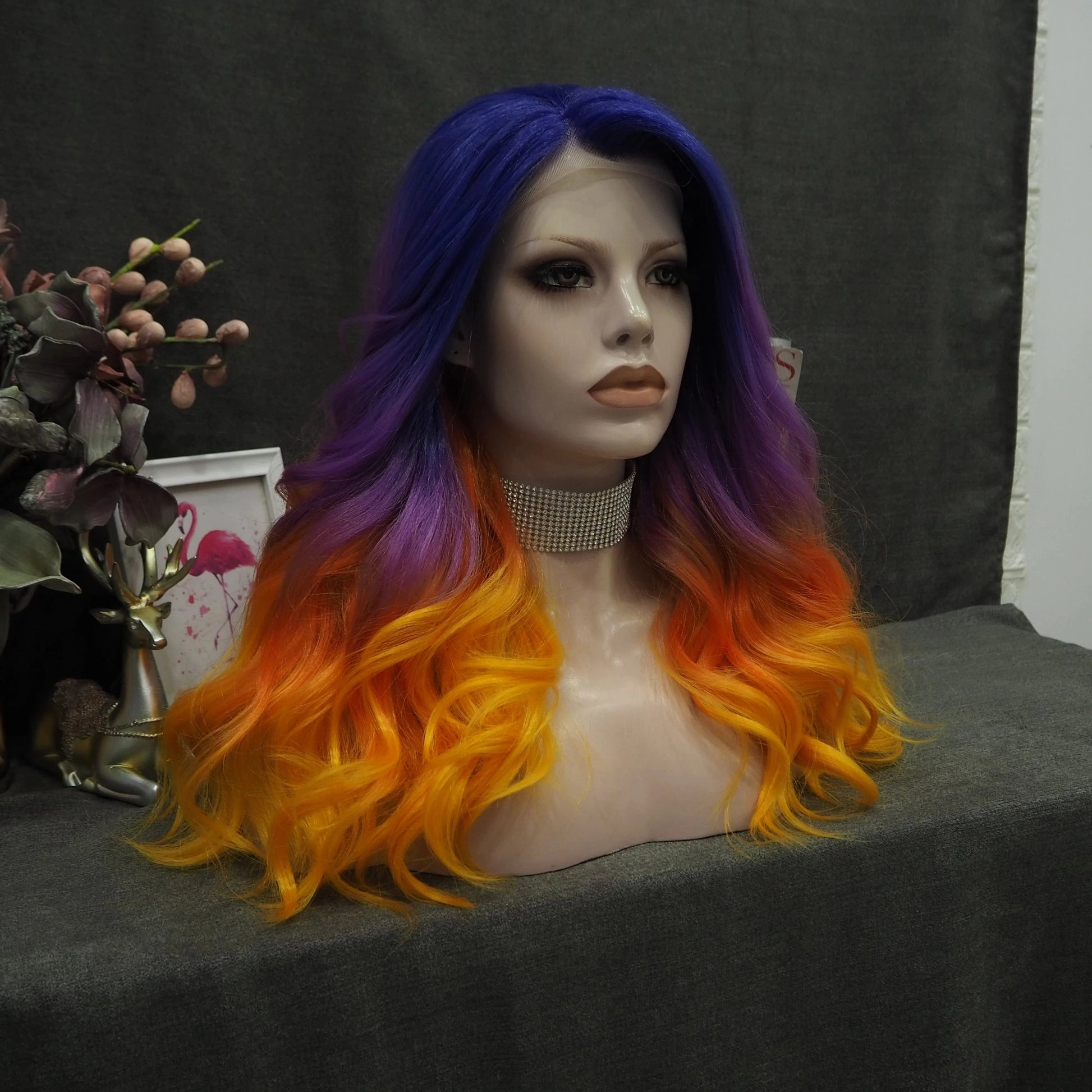 24 Inches / SQ02-2158-GL Celebrity Wig Cosplay Long Wave ombre  purple orange natural color Daily life Wearing matte  fiber Synthetic Lace front Wigs