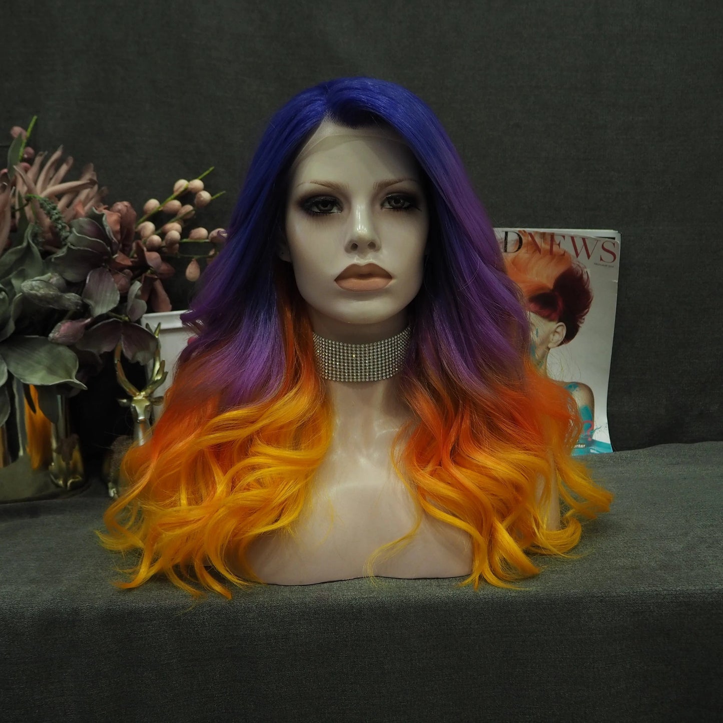 24 Inches / SQ02-2158-GL Celebrity Wig Cosplay Long Wave ombre  purple orange natural color Daily life Wearing matte  fiber Synthetic Lace front Wigs