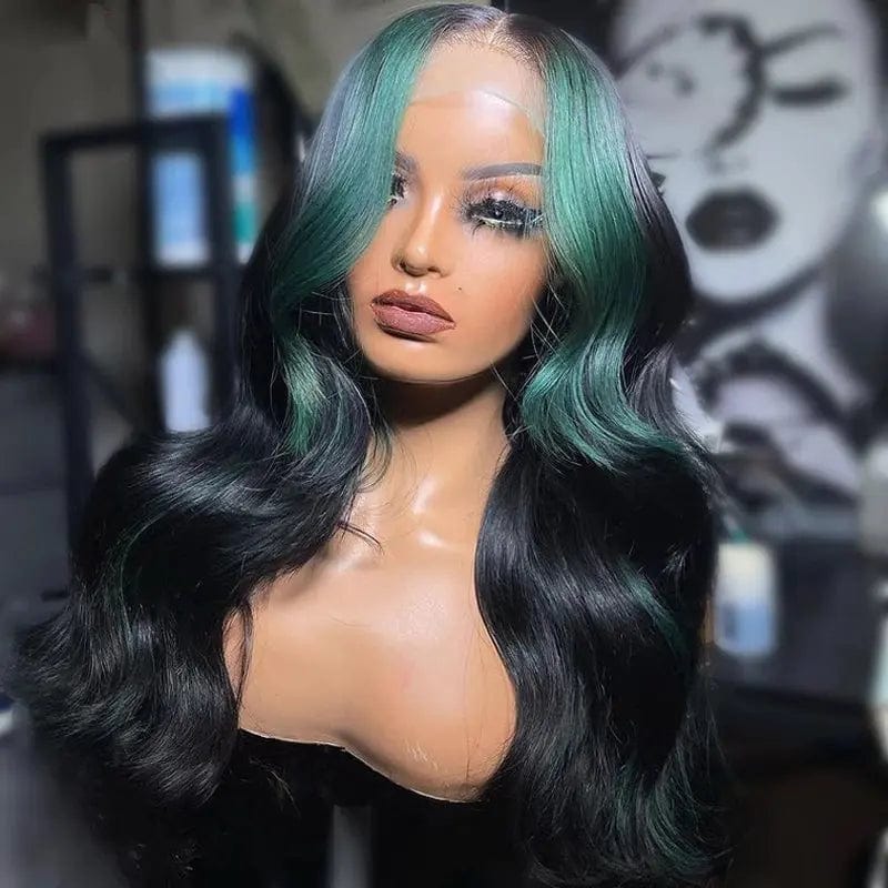24 Inches / # style2 Unprocessed Black Green Highlight Color Natural Wave Pre Plucked Bleached Knots Cuticle Aligned Lace Front Wigs