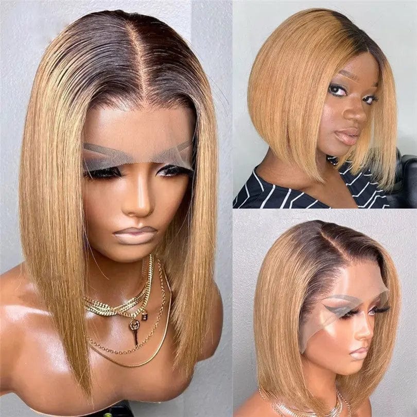 24 Inches / # style6 Glueless Cuticle Aligned Brown Highlight Color Straight Bob Cut Pixie Wig Pre Plucked Lace Front Wigs