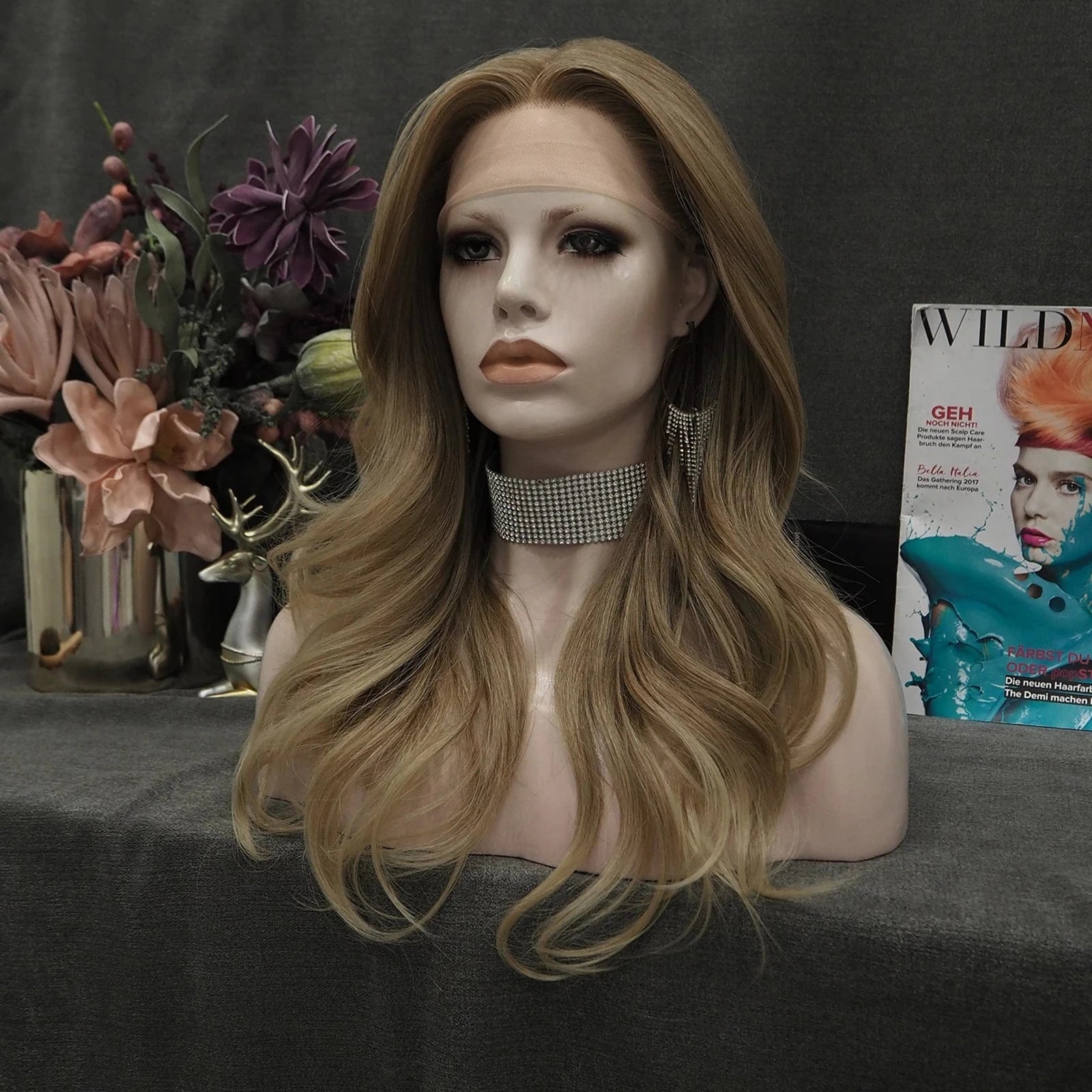 24 Inches / TH2-C214-GL Celebrity T Part Front Premium Synthetic Wigs Body Wave Futura Heat Resistant Synthetic Hair Wigs with Highlights