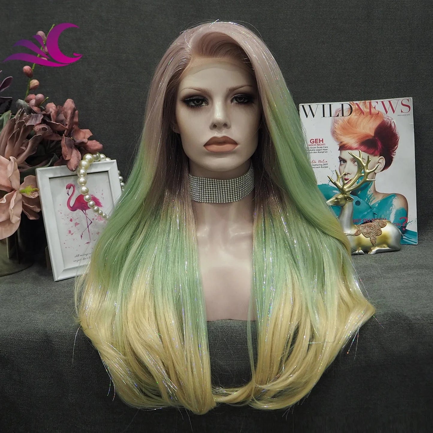 24 Inches / Tinsel-2114FKQ Wholesale Colorful Pre-Plucked Heat Resistant Premium Fiber Futura Synthetic Hair Wigs