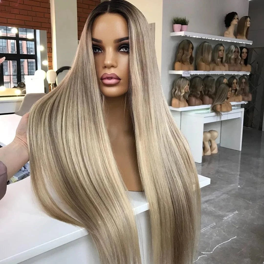 24 Inches / Wig 3 Long 55 60 65 cm 150% Density Clip In Ash Blonde Highlight Color Straight Kosher Raw Cuticle Aligned Human Hair Lace Front Wigs
