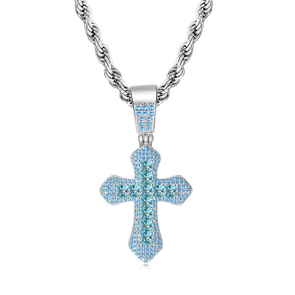 24inch * 3mm fried dough twist chain / Blue High Quality Diamond Christian Religion Jewelry Gold Plated Stainless Steel Chain CZ Micro Pave Cross Pendant Necklace