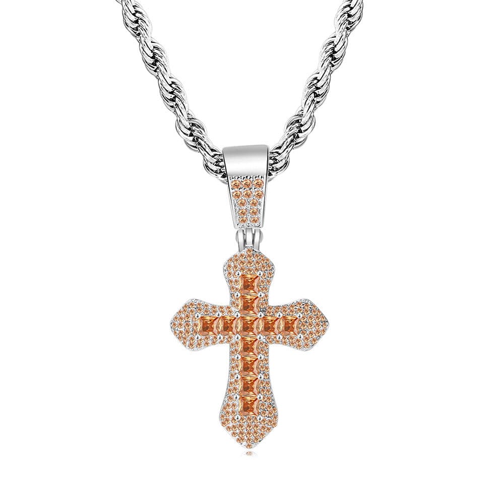 24inch * 3mm fried dough twist chain / Orange High Quality Diamond Christian Religion Jewelry Gold Plated Stainless Steel Chain CZ Micro Pave Cross Pendant Necklace