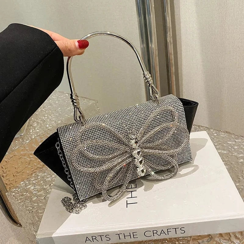 24x5x10cm / 404 Black Elegant Luxury Evening Diamonds Clutch Bag Female Matel Handle Flap Crossbody Bags Women Party Butterfly Rhinestone Handbags
