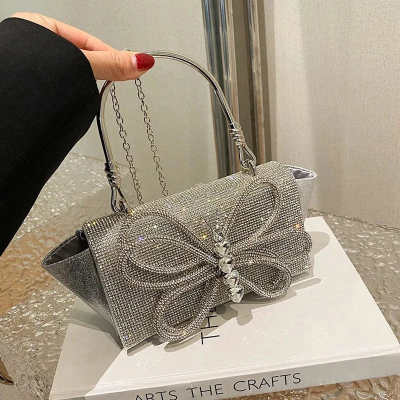 24x5x10cm / 404 Silver Elegant Luxury Evening Diamonds Clutch Bag Female Matel Handle Flap Crossbody Bags Women Party Butterfly Rhinestone Handbags