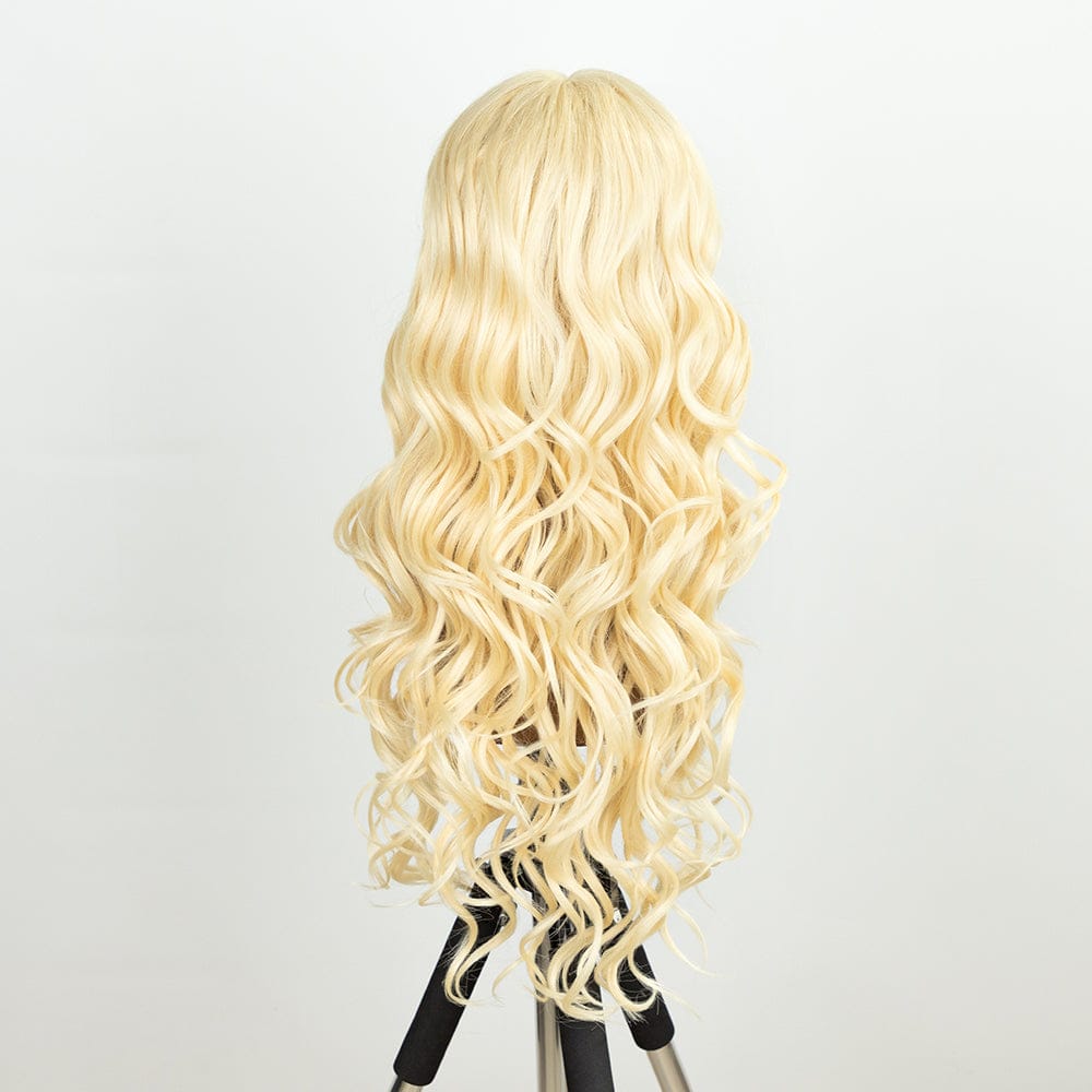 25.5 inches / 613 Sleek wholesale manufacturer cheap brown blond  heat resistant fiber Long body wave Swiss HD Lace Front Wig Synthetic hair Wigs