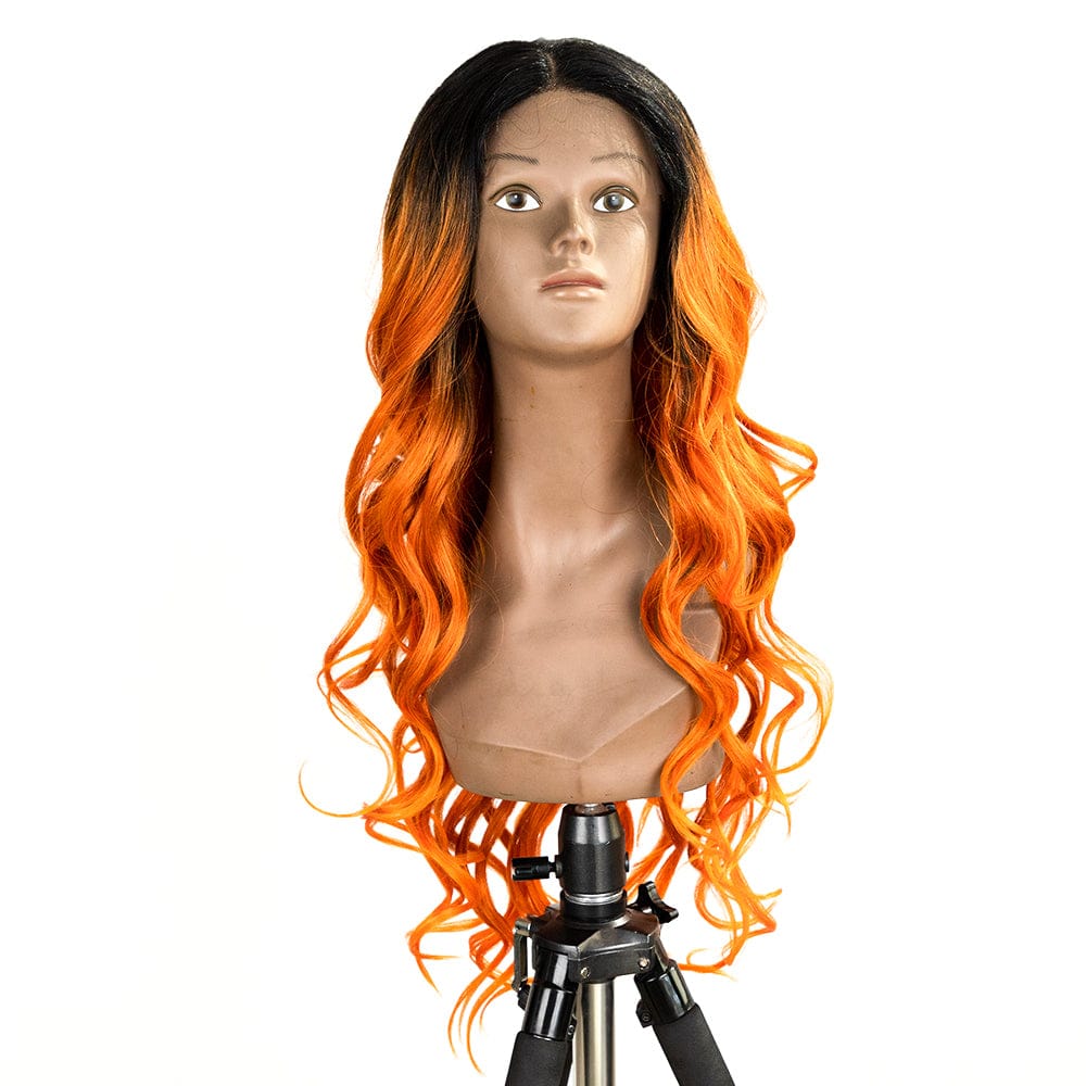 25.5 inches / TAT1B/130J/OR14 Sleek wholesale manufacturer cheap brown blond  heat resistant fiber Long body wave Swiss HD Lace Front Wig Synthetic hair Wigs