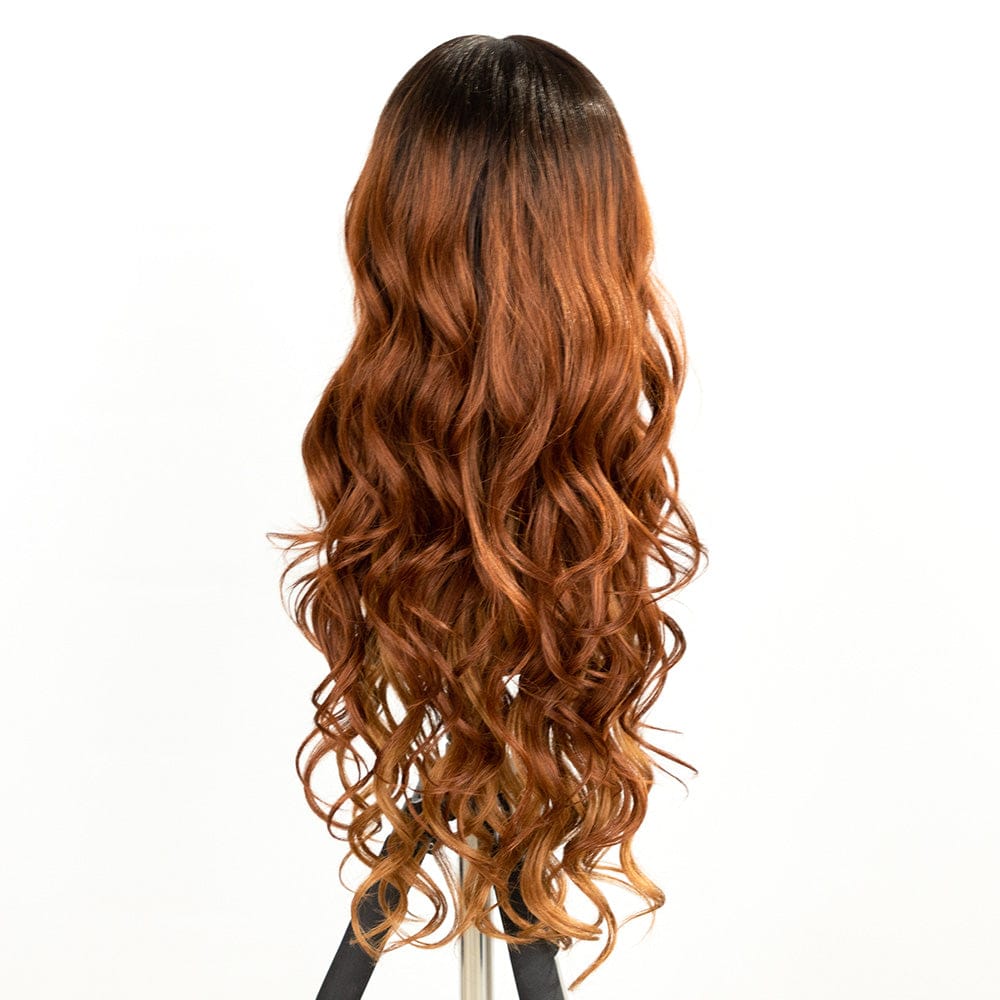 25.5 inches / TT4/3427 Sleek wholesale manufacturer cheap brown blond  heat resistant fiber Long body wave Swiss HD Lace Front Wig Synthetic hair Wigs