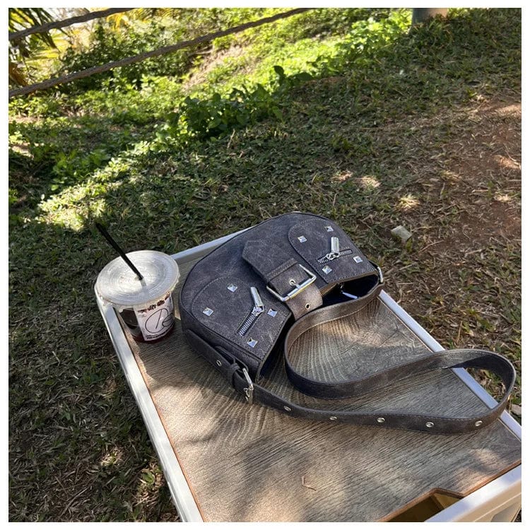 25.5x7x15cm / 29803 Gray New Vintage Jeans Denim Rivets Half Moon Bag Luxury Brandy Women's Cowboy Shoulder Underarm Bag Y2K Cool Girls Crescent Handbag