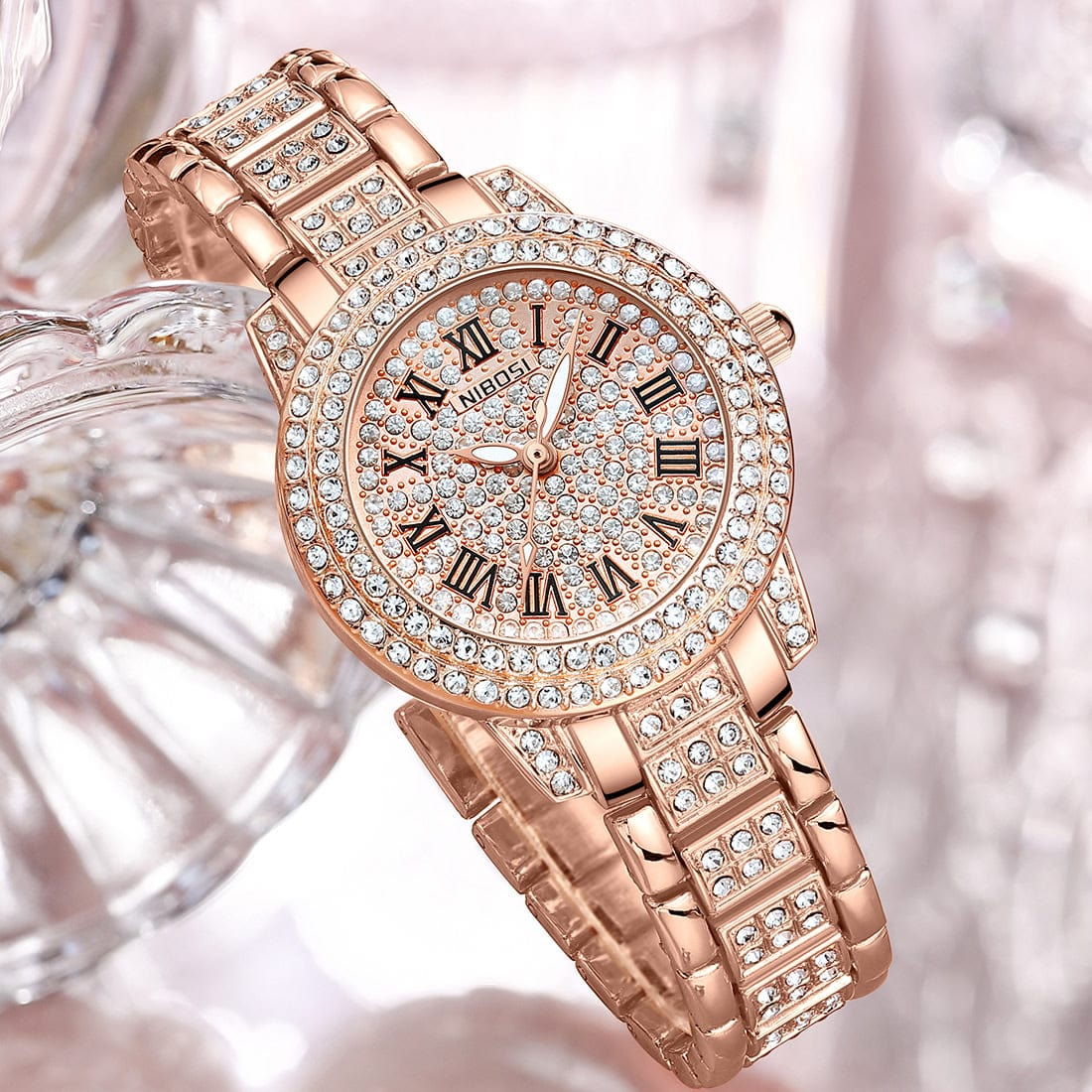 2552 / Rose gold NIBOSI 2552 Luxury Roman numeral Full of Diamonds Ladies Quartz Watch Women Wristwatches