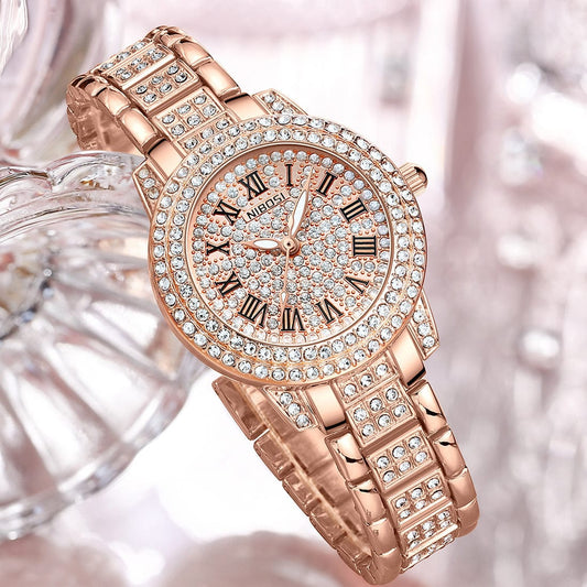2552 / Rose gold NIBOSI 2552 Luxury Roman numeral Full of Diamonds Ladies Quartz Watch Women Wristwatches