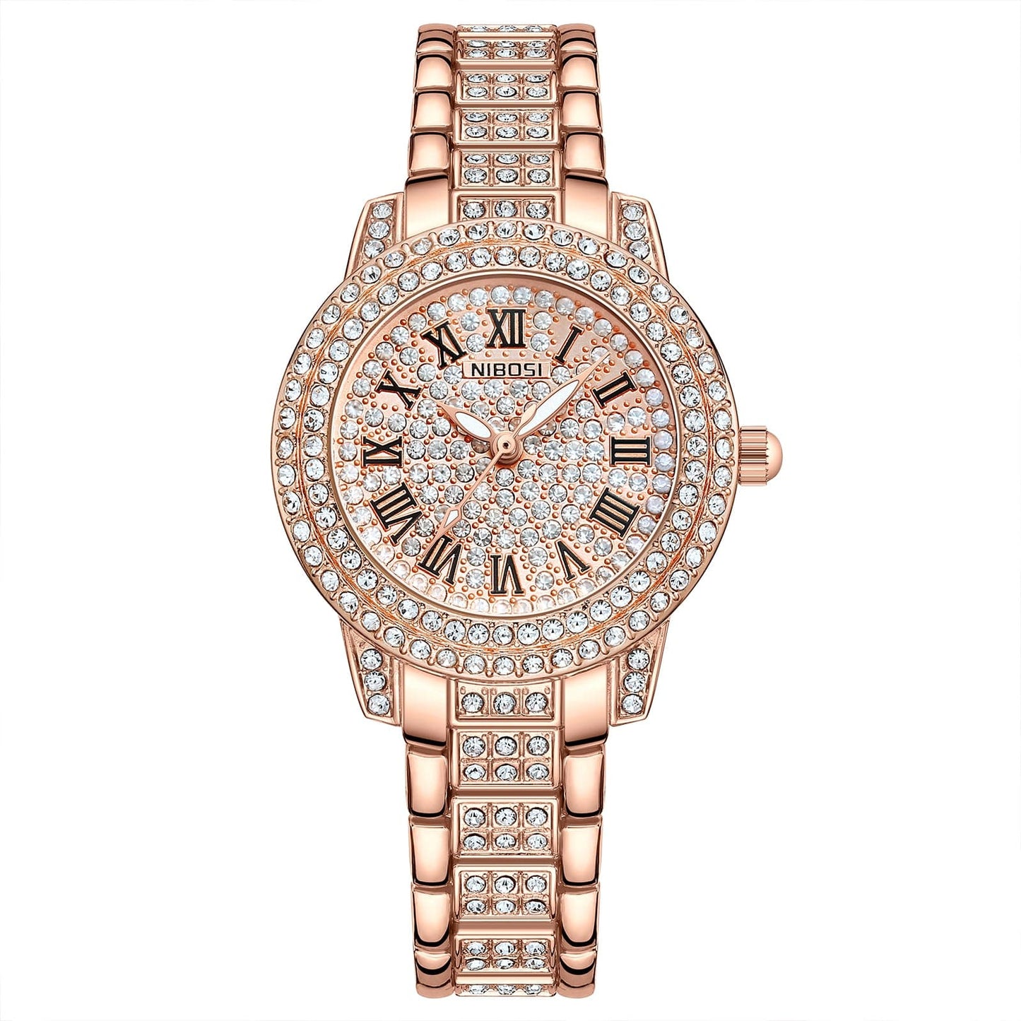 2552 / Rose gold NIBOSI 2552 Luxury Roman numeral Full of Diamonds Ladies Quartz Watch Women Wristwatches