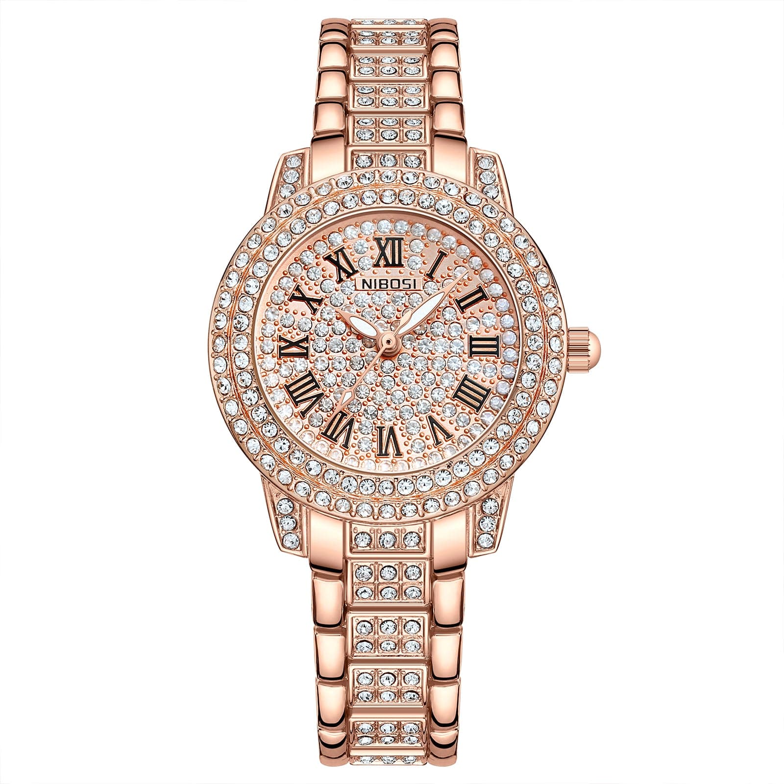 2552 / Rose gold NIBOSI 2552 Luxury Roman numeral Full of Diamonds Ladies Quartz Watch Women Wristwatches