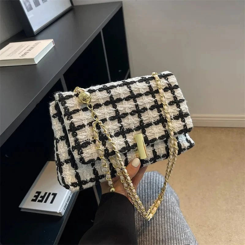 25x8x16cm / 6109 White Contrast Women's Bags Luxury Designer Handbag Woolen Knitted Small Ladies Handbags Tweed Chain Shoulder Messenger Bags for Women