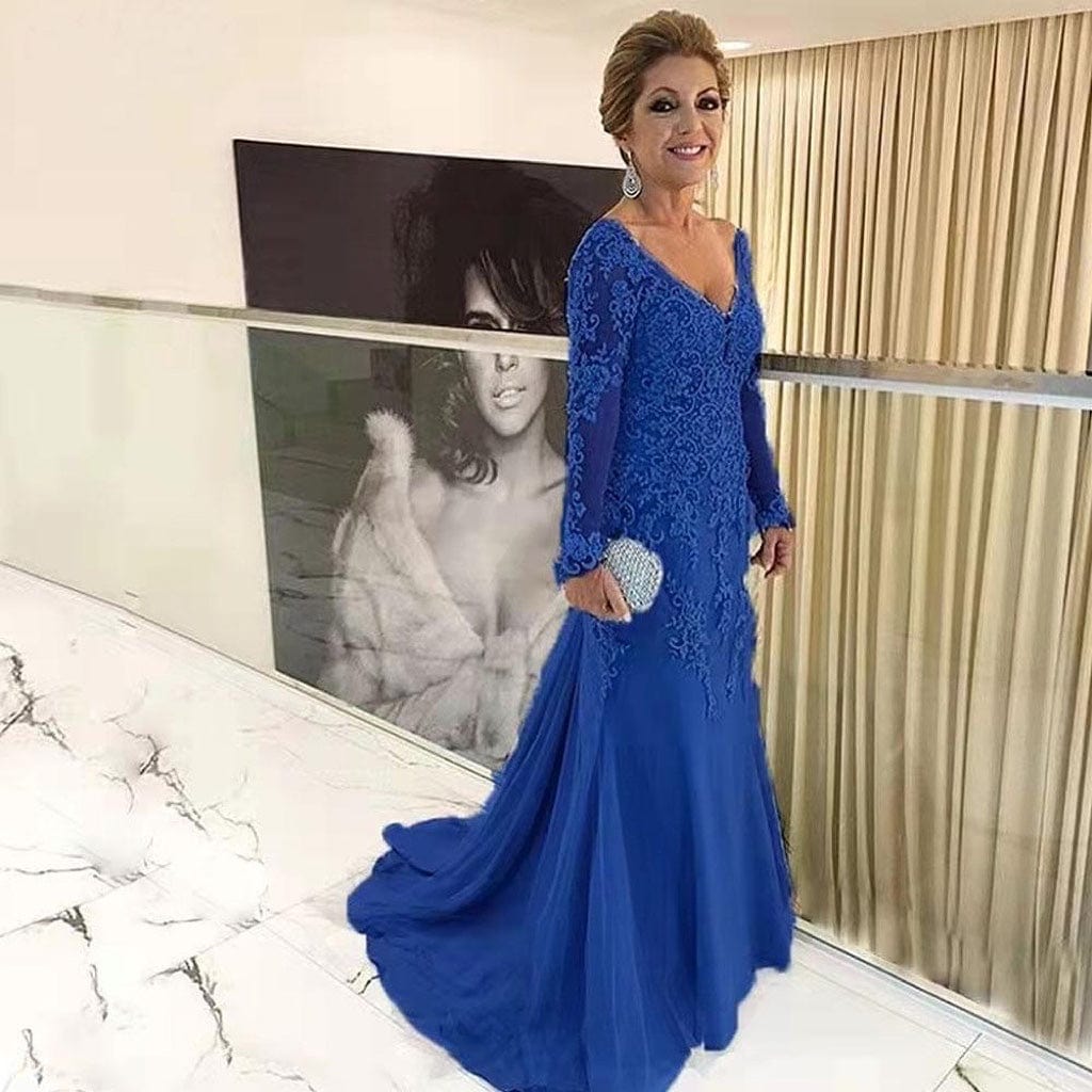 26 / Blue Elegant Blue Silver Mother of the Bride Dresses Long Sleeves 2022 V Neck Godmother Evening Dresses Wedding Party Guest Gowns New