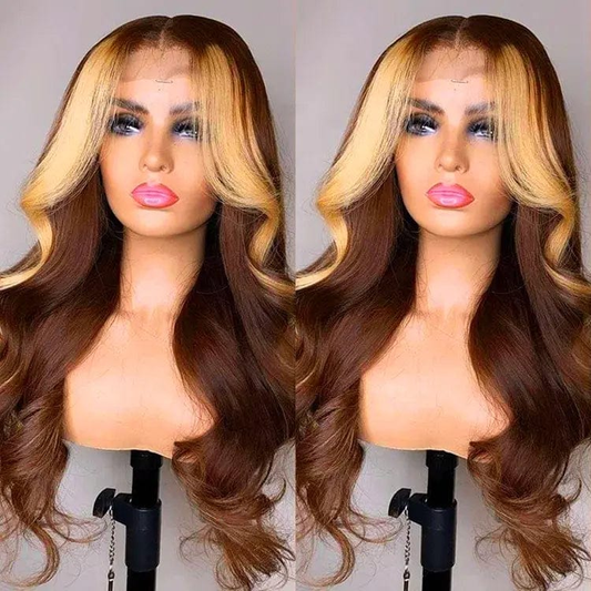 26 Inches / 13*4 wig Invisible Knots Honey Brown Blonde Highlight Color Human Hair