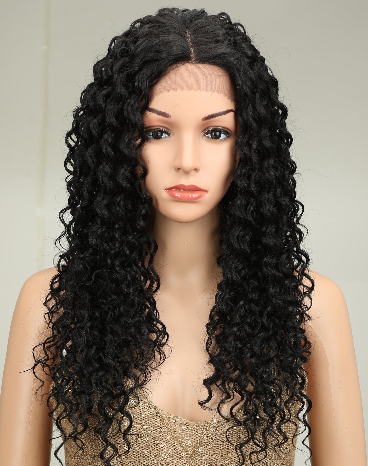 26 Inches / 1B sleek high quality wholesale hot selling high temperature nature black kinky curl lace part frontal Synthetic Hair Wig for women