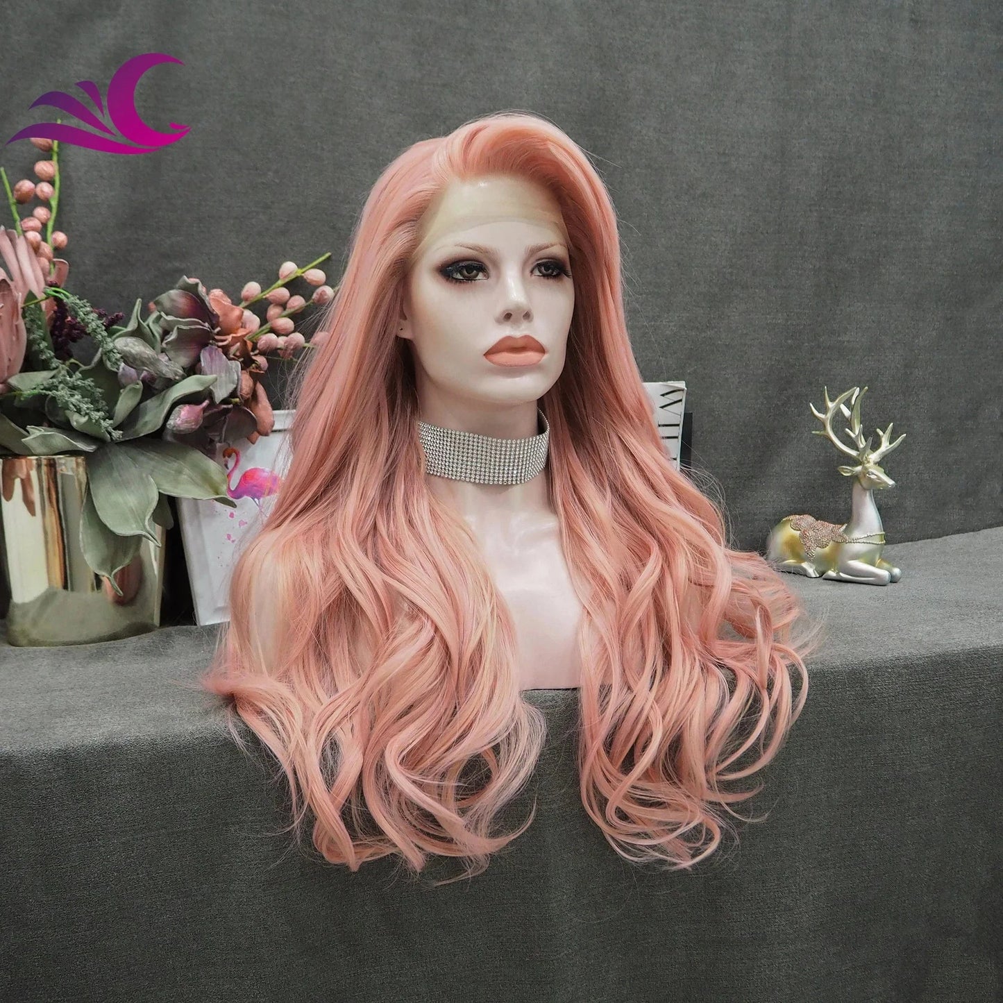 26 Inches / AC1 Peach Pink Lace Front Wigs Long Wavy Rose Wig Synthetic Hair Wigs for Women Natural Hairline for Cosplay Party