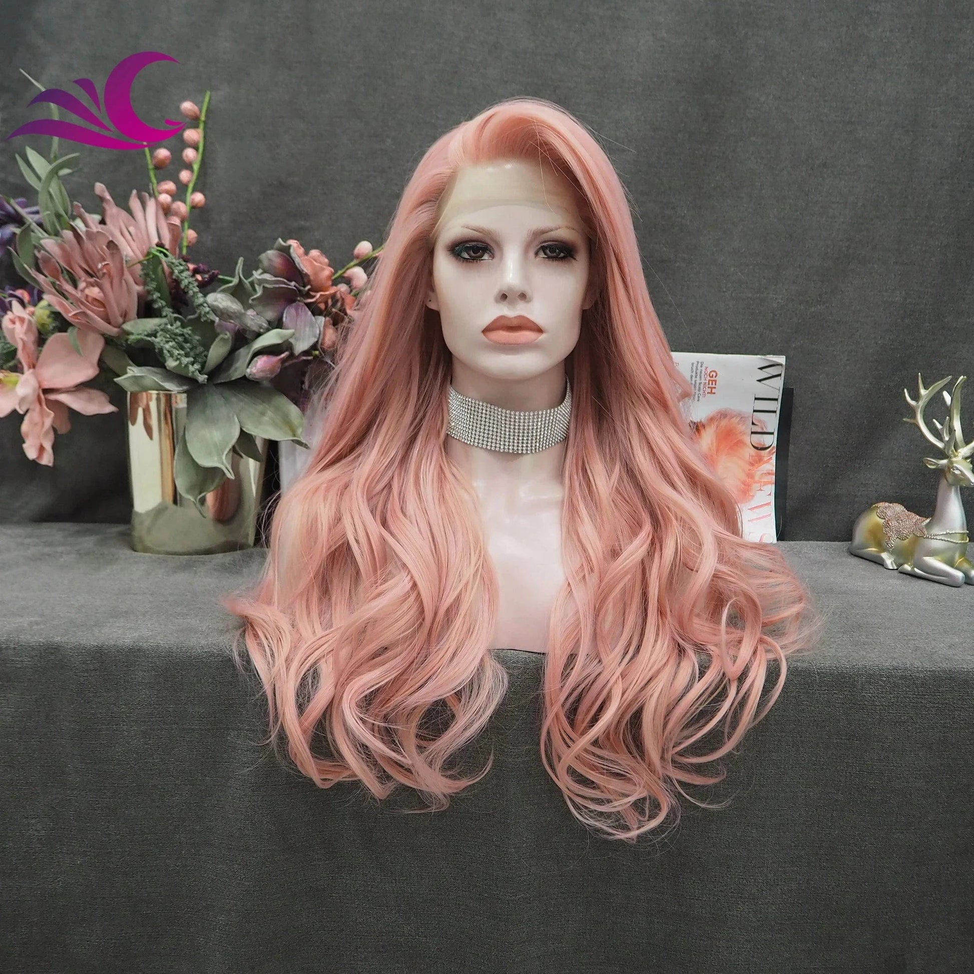 26 Inches / AC1 Peach Pink Lace Front Wigs Long Wavy Rose Wig Synthetic Hair Wigs for Women Natural Hairline for Cosplay Party