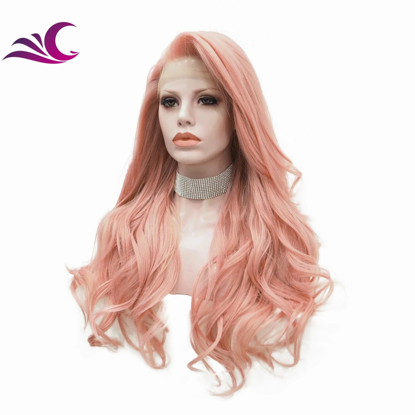 26 Inches / AC1 Peach Pink Lace Front Wigs Long Wavy Rose Wig Synthetic Hair Wigs for Women Natural Hairline for Cosplay Party
