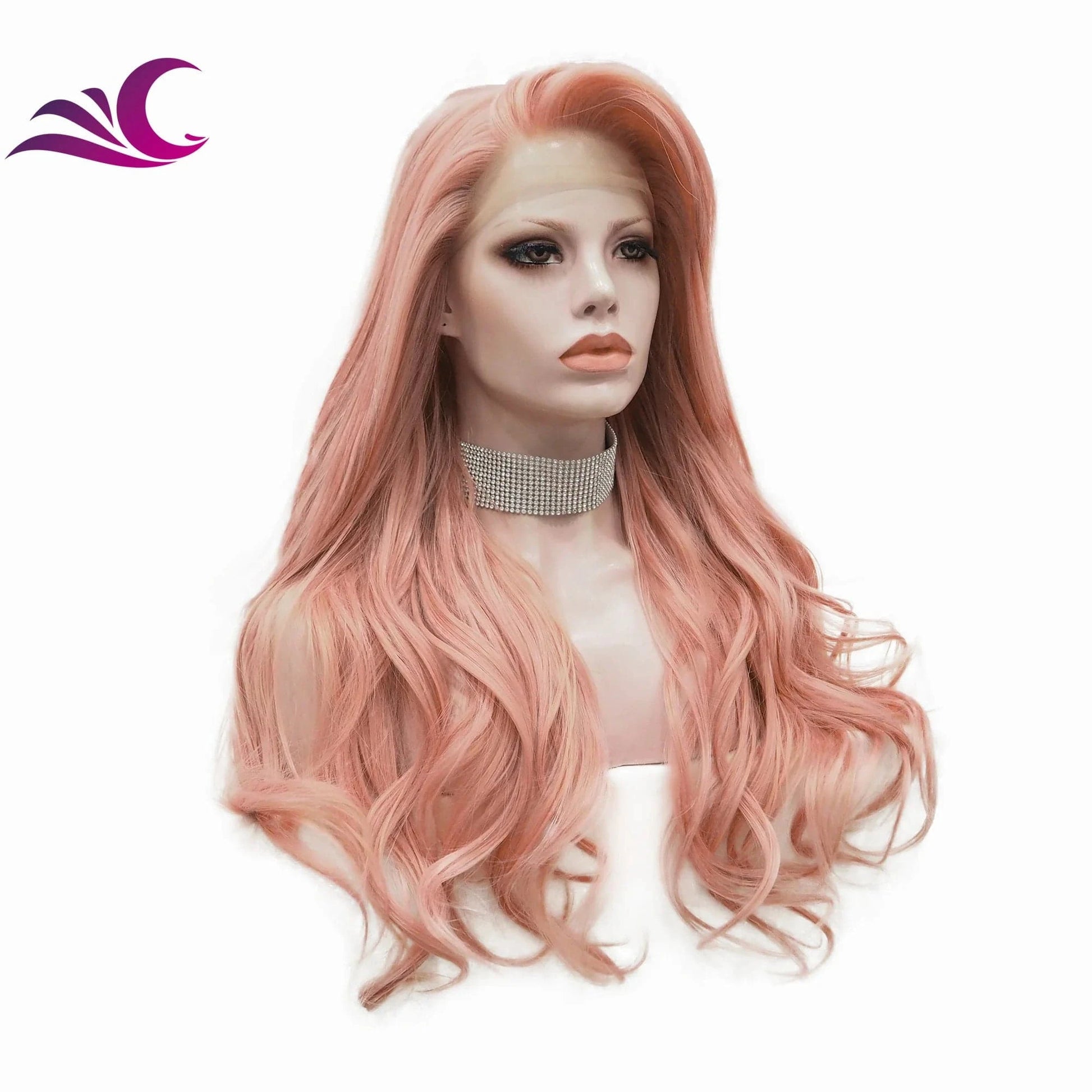 26 Inches / AC1 Peach Pink Lace Front Wigs Long Wavy Rose Wig Synthetic Hair Wigs for Women Natural Hairline for Cosplay Party