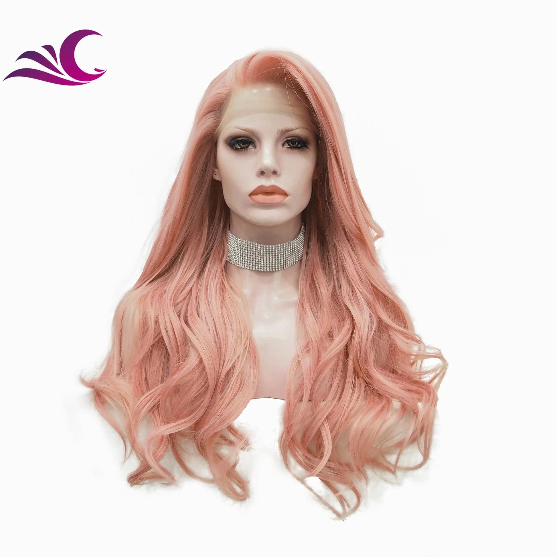 26 Inches / AC1 Peach Pink Lace Front Wigs Long Wavy Rose Wig Synthetic Hair Wigs for Women Natural Hairline for Cosplay Party