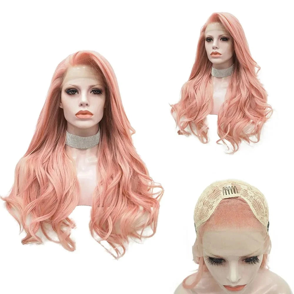 26 Inches / AC1 Peach Pink Lace Front Wigs Long Wavy Rose Wig Synthetic Hair Wigs for Women Natural Hairline for Cosplay Party