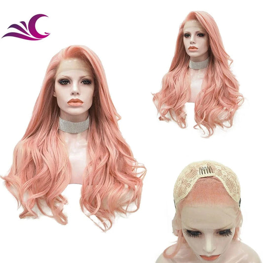 26 Inches / AC1 Peach Pink Lace Front Wigs Long Wavy Rose Wig Synthetic Hair Wigs for Women Natural Hairline for Cosplay Party