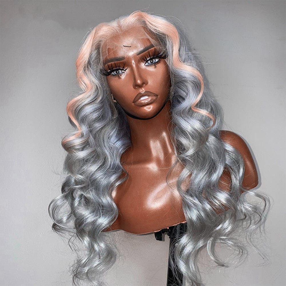 26 Inches / Highlight Grey Pink Grey Pink Color Loose Wave Human Hair Cuticle Aligned Hair Lace Front Wigs For Black Women
