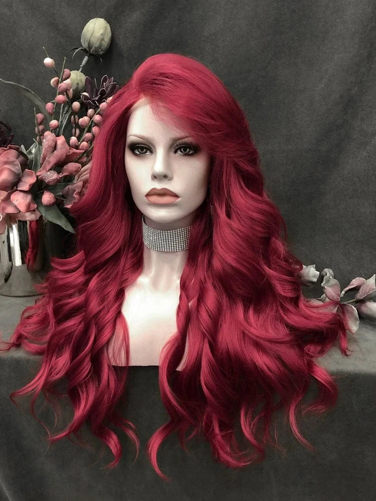 26 Inches / N15-3100-raise-GL Celebrity 26inch long style RED color body wave synthetic hair wigs Matte Heat Resistant Fiber Same Human Hair Lace Front Wig