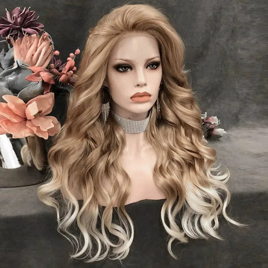 26 Inches / N15-C105-GL Celebrity long style natural  BROWN body wave synthetic hair wigs Matte Heat Resistant Fiber Same Human Hair Lace Front Wig