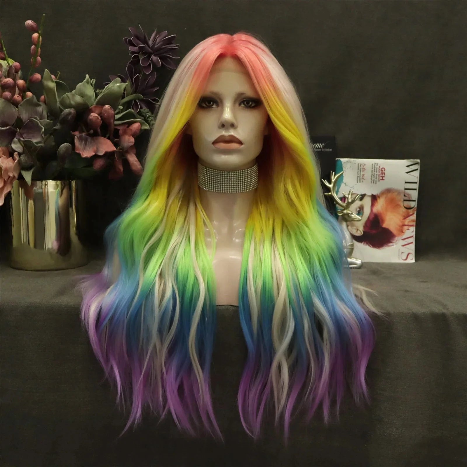 26 Inches / N31-sunrise-GL Celebrity Wig  ombre rainbow  curly Daily life Wearing futura Henlon fiberLace front cheap synthetic Wigs