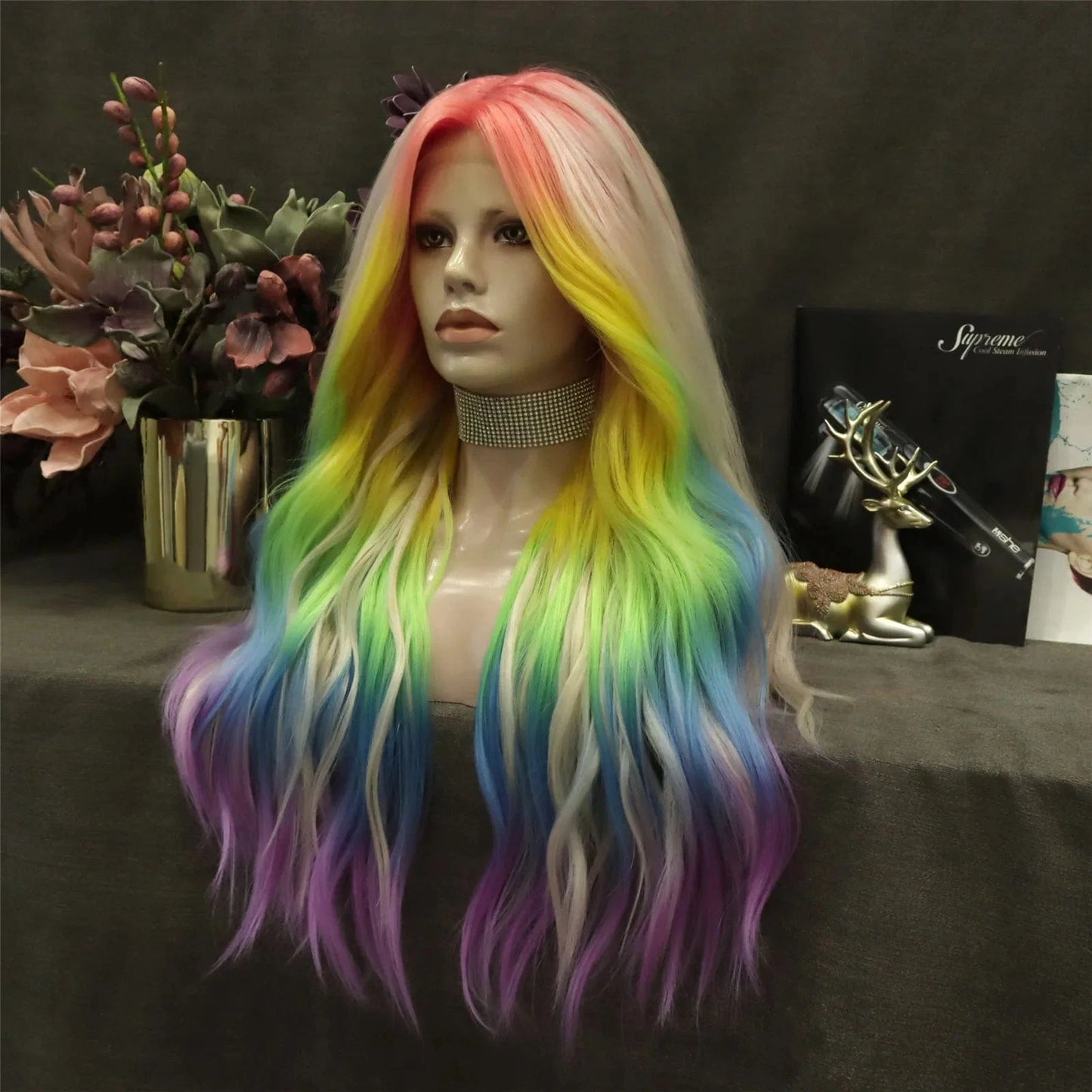 26 Inches / N31-sunrise-GL Celebrity Wig  ombre rainbow  curly Daily life Wearing futura Henlon fiberLace front cheap synthetic Wigs