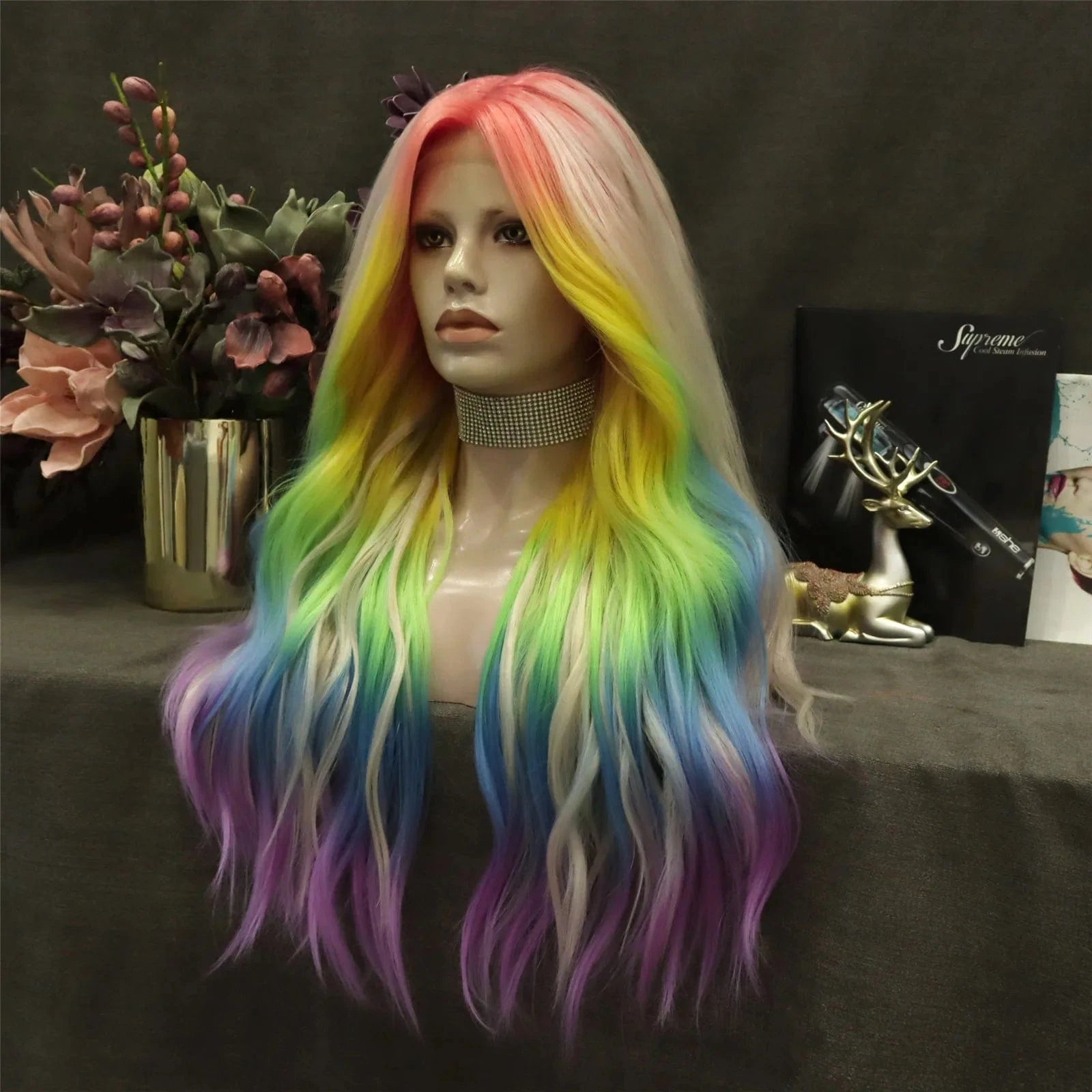26 Inches / N31-sunrise-GL Celebrity Wig  ombre rainbow  curly Daily life Wearing futura Henlon fiberLace front cheap synthetic Wigs